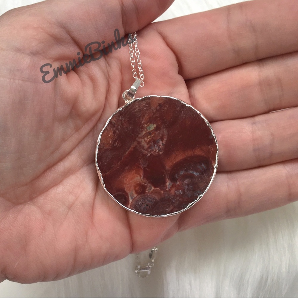 New 925 Sterling Silver Red Mexican Happy Lace Agate Slice Pendant Necklace - Picture 10 of 14